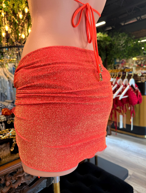 Handmade Coral Orange Tara Skirt | Adjustable Drawstring Cover Up | Mini Sarong | Bikini Cover Up | Resort Wear
