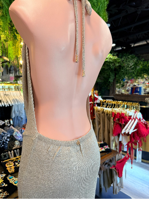 Silver Metallic Cowl Halter Dress | Backless Knit Mini Cover Up | Shimmer Beach Dress | Resort Wear