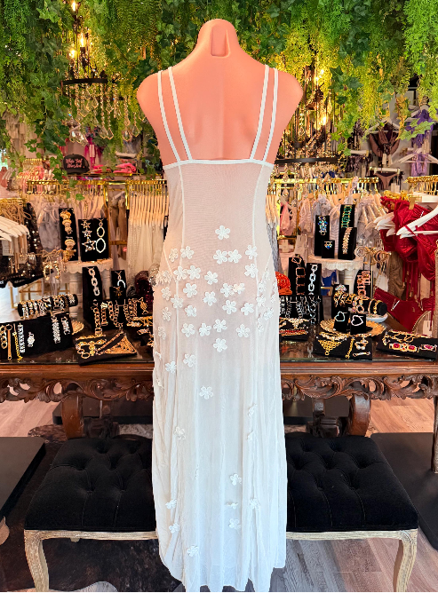 White Floral Mesh Maxi Cover Up | Sheer Flower Beach Dress | Side Slit Swim Cover Up | Resort Wear