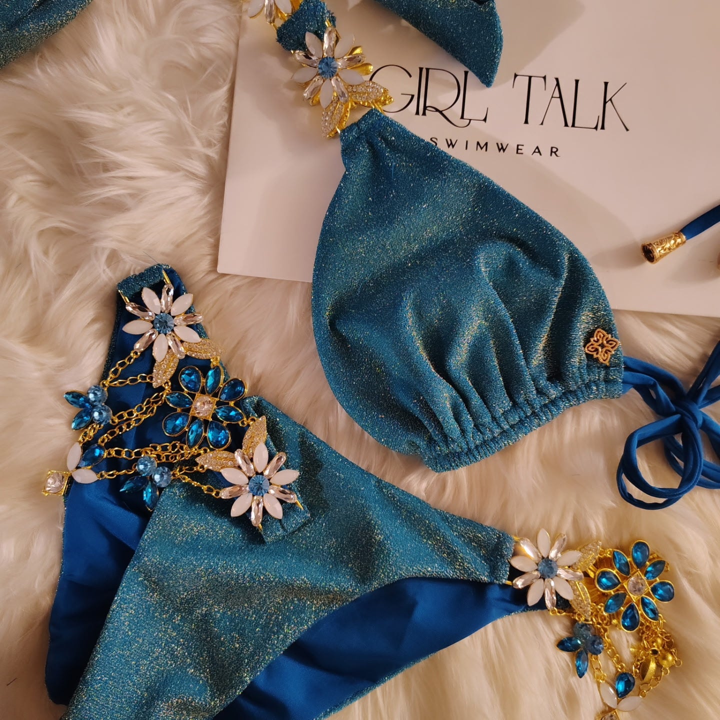 Handmade Teal Lurex Bikini | Rhinestone Bikini | Teal Glitter Bikini | Thong Bikini | Luxury Women’s Swimwear