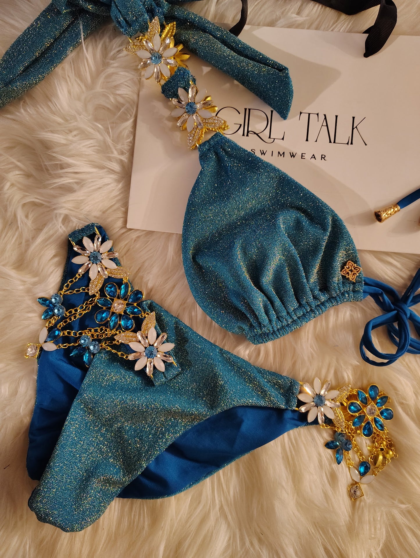 Handmade Teal Lurex Bikini | Rhinestone Bikini | Teal Glitter Bikini | Thong Bikini | Luxury Women’s Swimwear