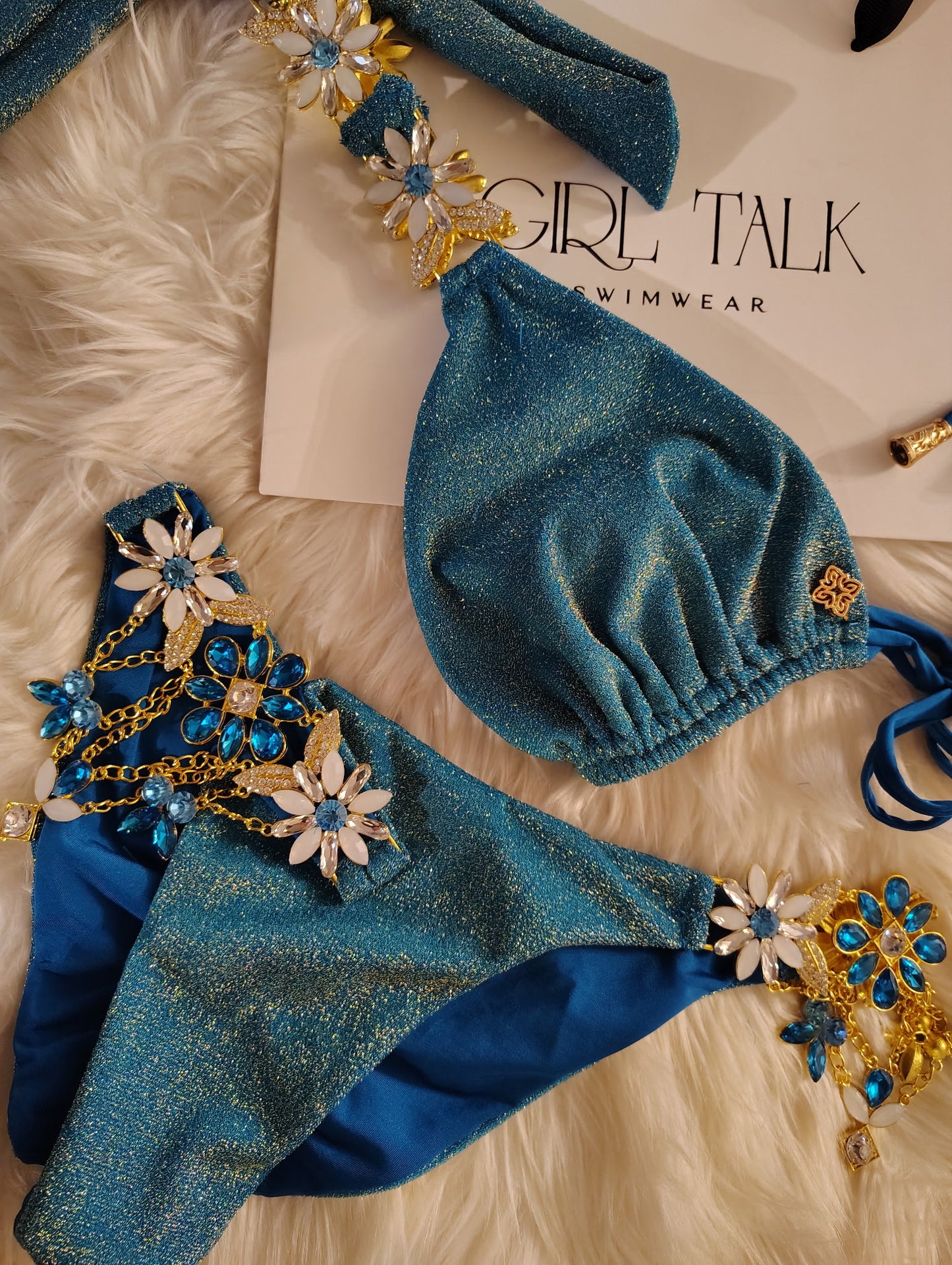 Handmade Teal Lurex Bikini | Rhinestone Bikini | Teal Glitter Bikini | Thong Bikini | Luxury Women’s Swimwear