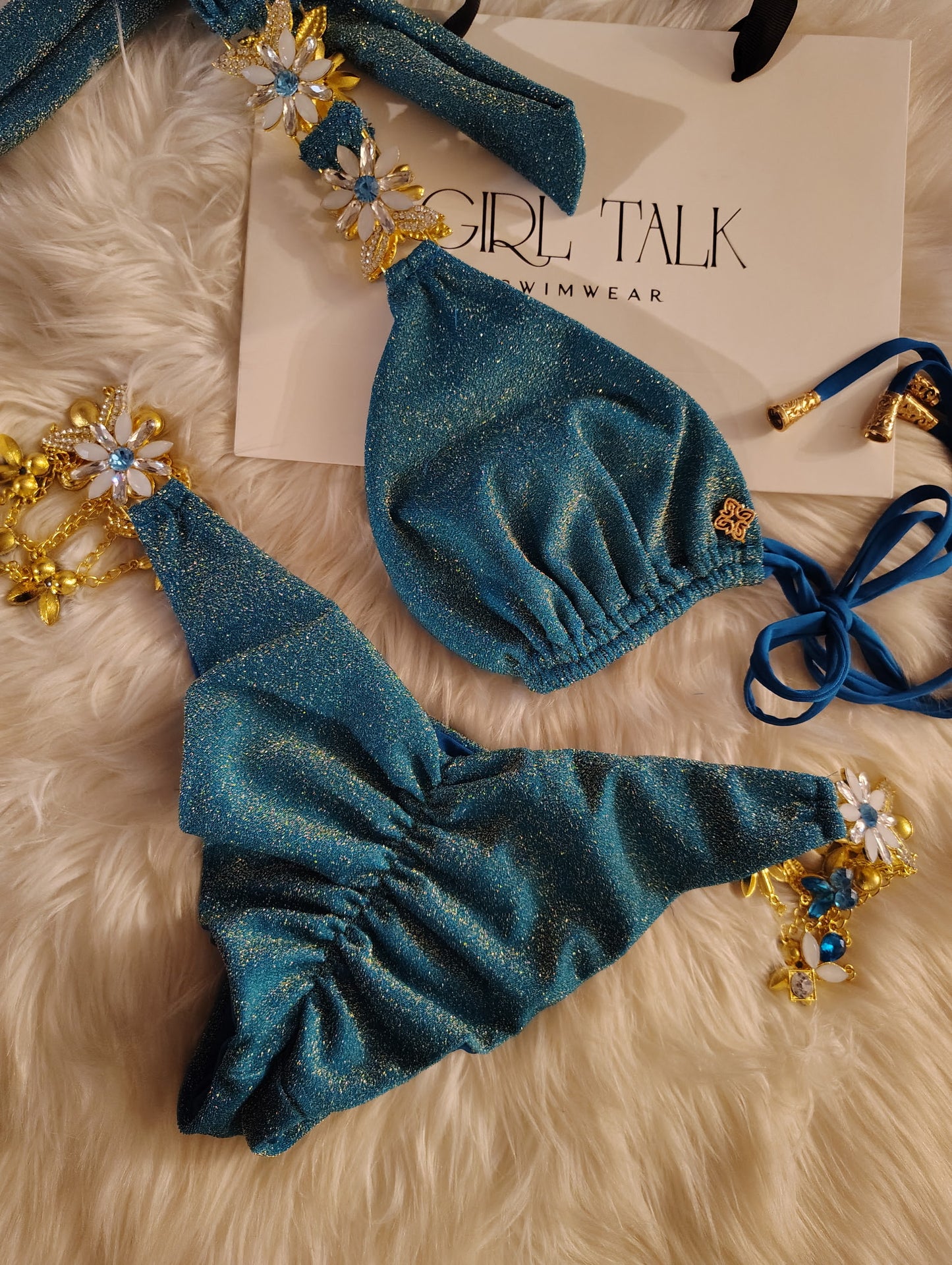Handmade Teal Lurex Bikini | Rhinestone Bikini | Teal Glitter Bikini | Thong Bikini | Luxury Women’s Swimwear