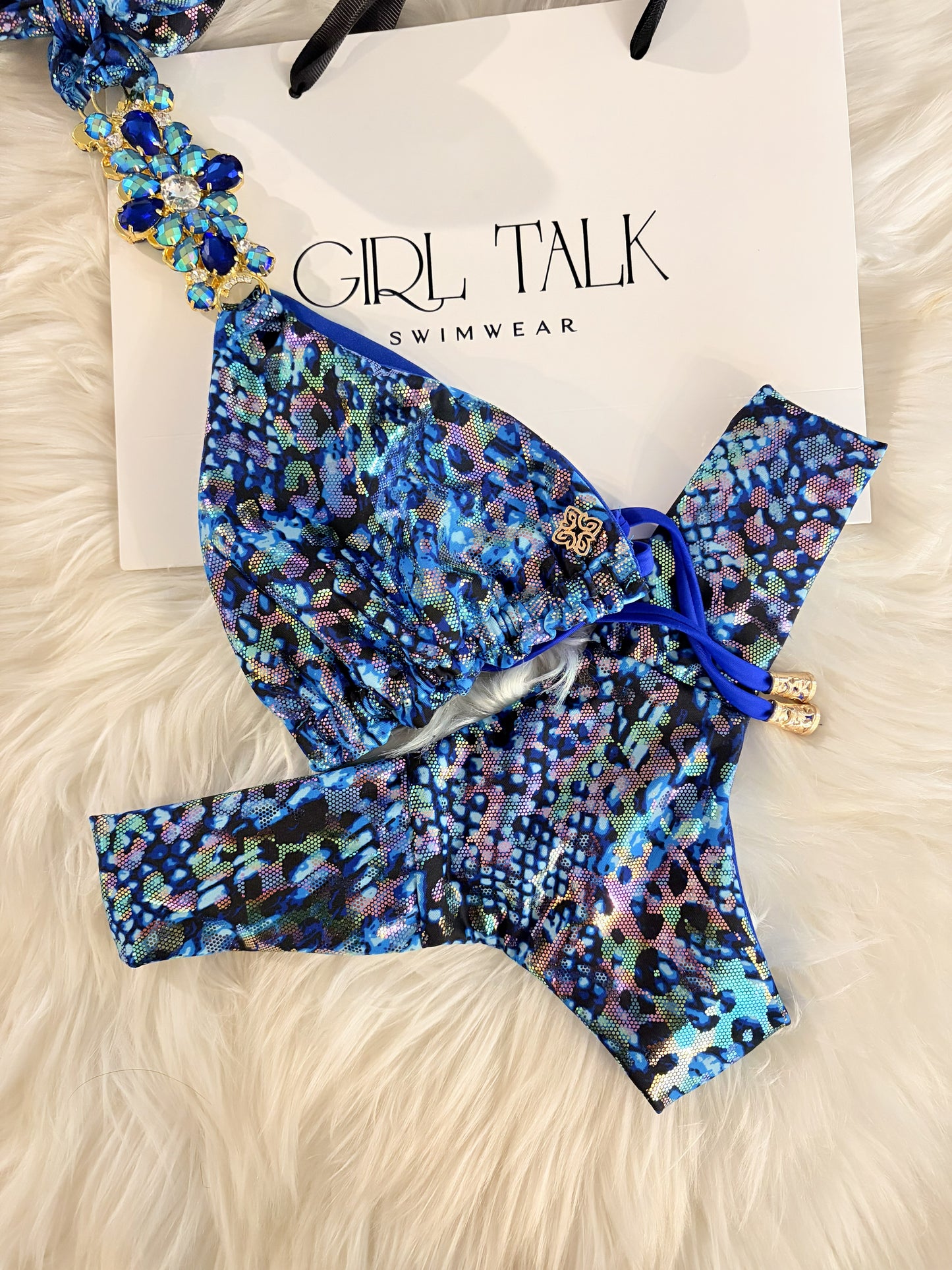 Handmade Sapphire Blue Bikini | Patterned Bikini | Gold Connector Bikini | Scrunch Bottom | Cheeky Swimwear