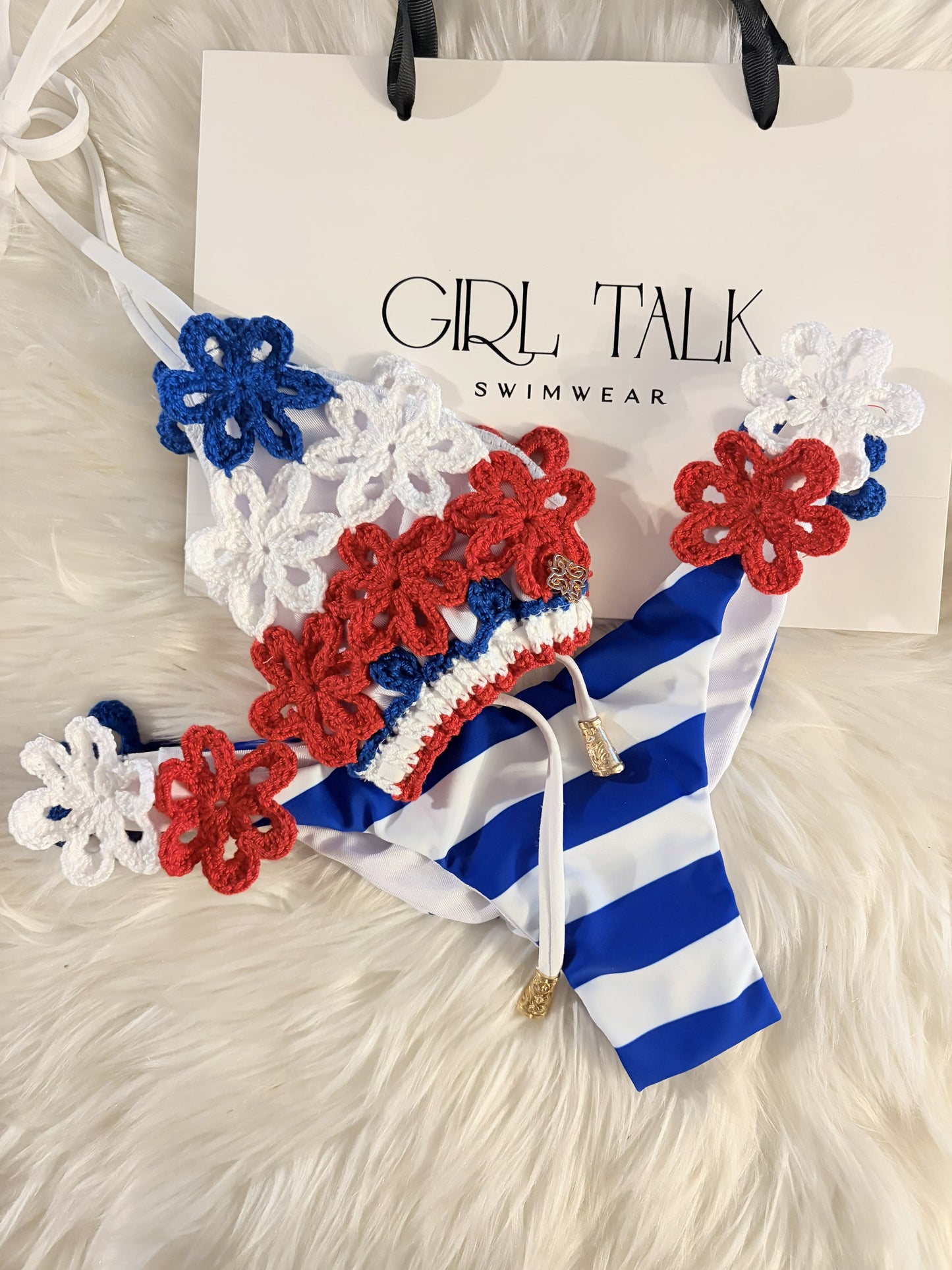 Handmade USA Crochet Bikini | Red White & Blue Bikini | Floral Bikini | Patriotic Swimwear