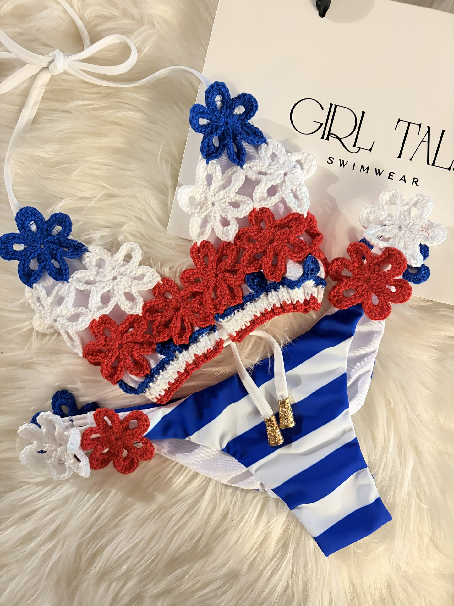 Handmade USA Crochet Bikini | Red White & Blue Bikini | Floral Bikini | Patriotic Swimwear