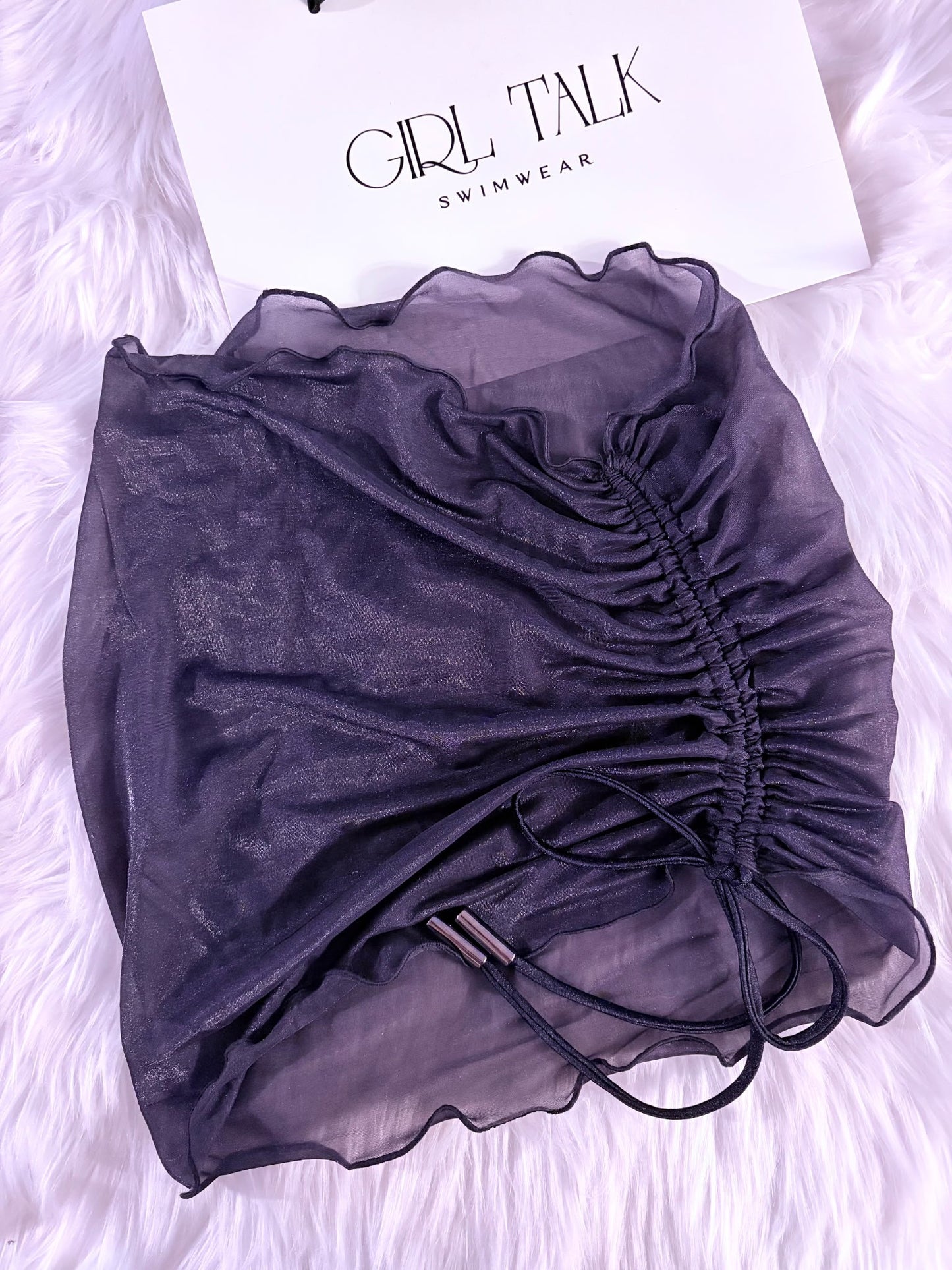 Handmade Black Tara Glissenette Skirt | Adjustable Drawstring Bikini Cover Up | Sheer Beach Skirt
