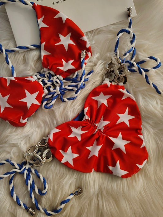 Handmade Star Spangled Bikini Bottom | Patriotic Stars Bikini | Red White Blue Swimwear | Lace Up Bikini
