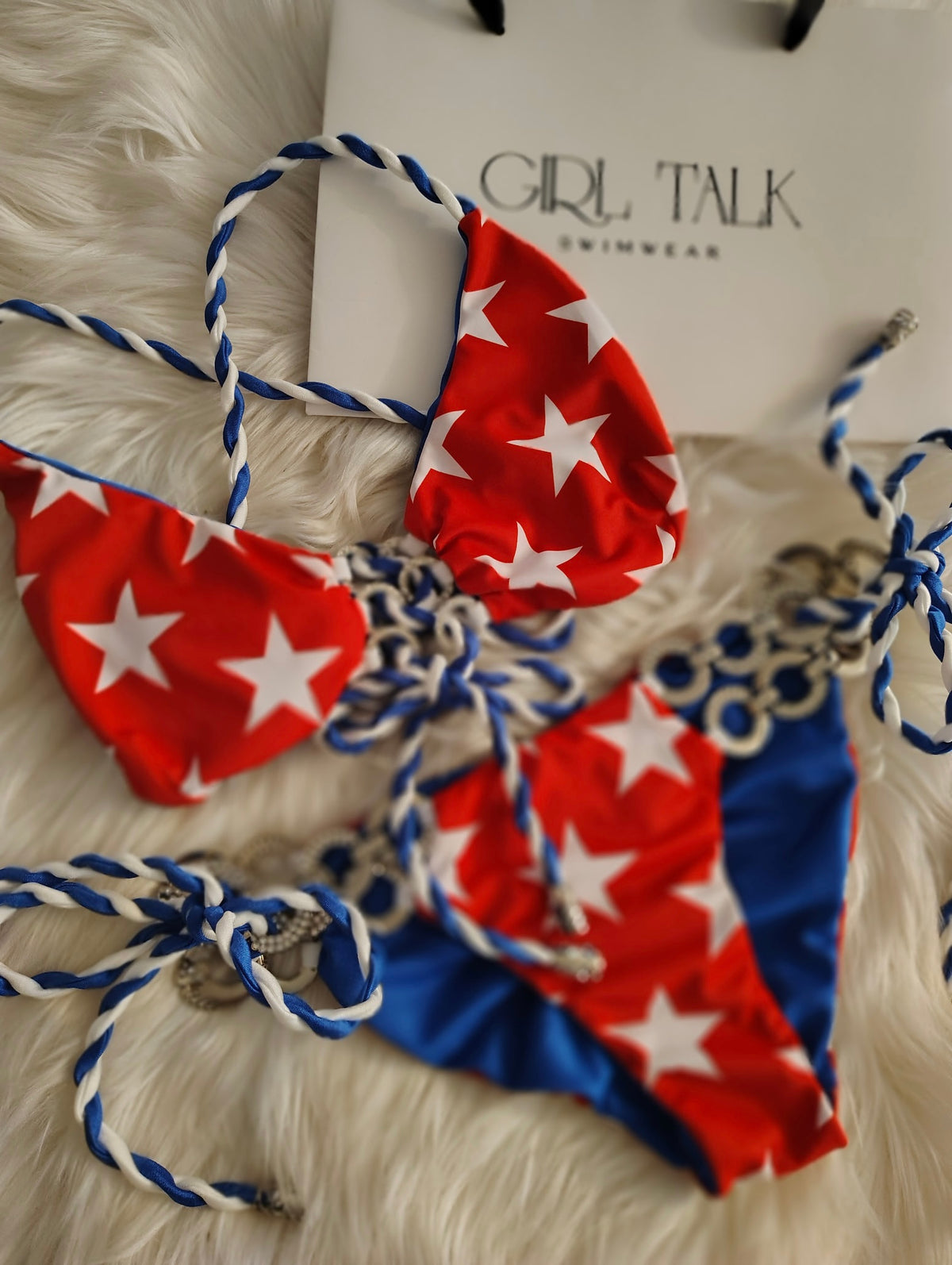 Handmade Star Spangled Bikini Top | Patriotic Stars Bikini | Red White Blue Swimwear | Lace Up Bikini
