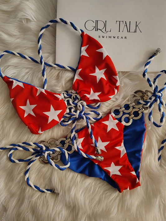 Handmade Star Spangled Bikini Top | Patriotic Stars Bikini | Red White Blue Swimwear | Lace Up Bikini