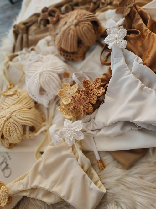 Handmade Beige Crochet Bikini Top | Floral Crochet Bikini | Luxury Women's Swimwear | Boho Beach Bikini | Crochet Swimsuit