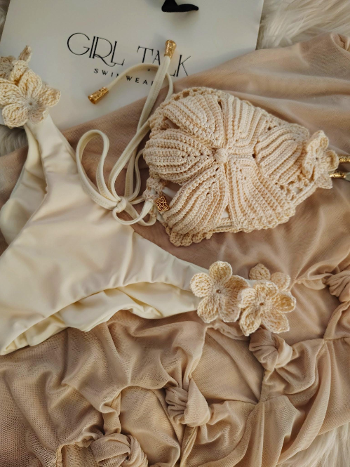 Handmade Cream Crochet Bikini Top | Floral Crochet Bikini | Luxury Women's Swimwear | Boho Beach Bikini | Crochet Swimsuit