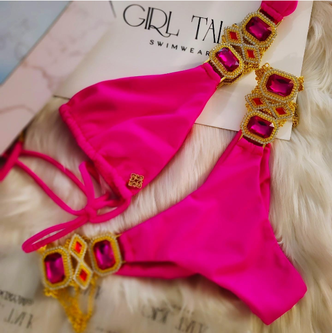 Handmade Hot Pink Jeweled Bikini Top | Rhinestone Connector Bikini | Scrunch Bottom | Luxury Women’s Swimwear