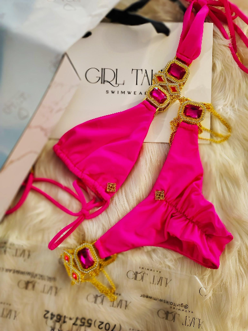Handmade Hot Pink Jeweled Bikini Top | Rhinestone Connector Bikini | Scrunch Bottom | Luxury Women’s Swimwear