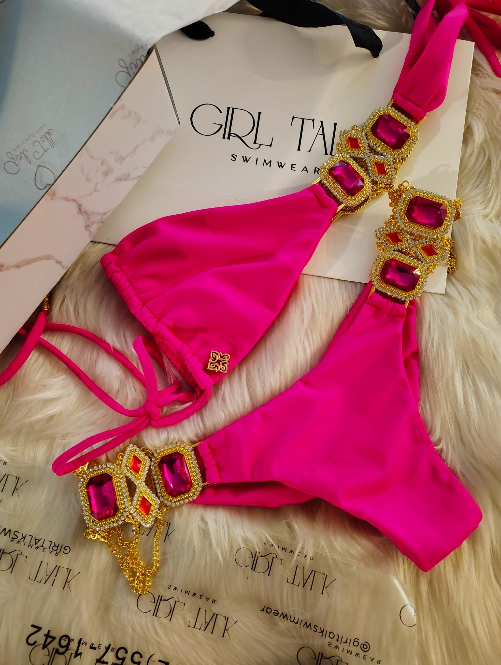 Handmade Hot Pink Jeweled Bikini Top | Rhinestone Connector Bikini | Scrunch Bottom | Luxury Women’s Swimwear