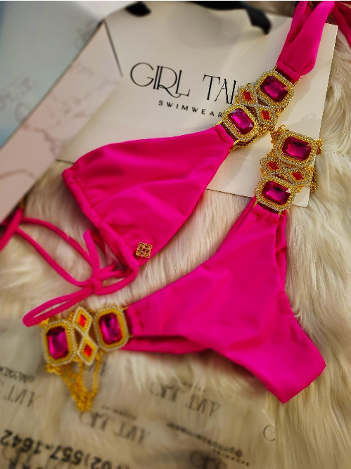 Handmade Hot Pink Jeweled Bikini Top | Rhinestone Connector Bikini | Scrunch Bottom | Luxury Women’s Swimwear