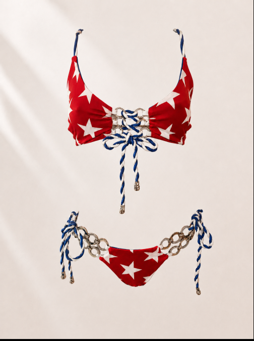 Handmade Star Spangled Bikini Bottom | Patriotic Stars Bikini | Red White Blue Swimwear | Lace Up Bikini