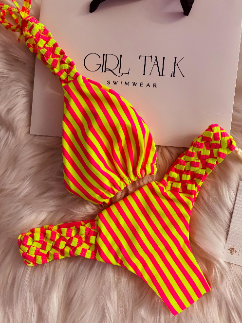 Handmade Vibrant Striped Bikini Top | Red & Yellow Bikini | Braided Bikini | Cheeky Scrunch Bikini | Women’s Swimwear