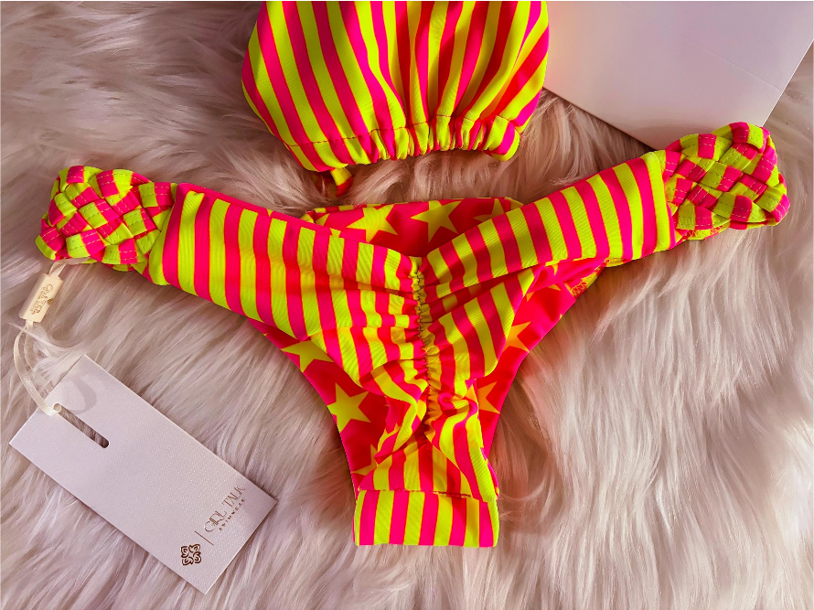 Handmade Vibrant Striped Bikini Top | Red & Yellow Bikini | Braided Bikini | Cheeky Scrunch Bikini | Women’s Swimwear