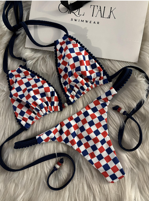 Handmade USA Checkered Bikini Top | Red White & Blue Bikini | Patriotic Swimwear | Thong Bikini