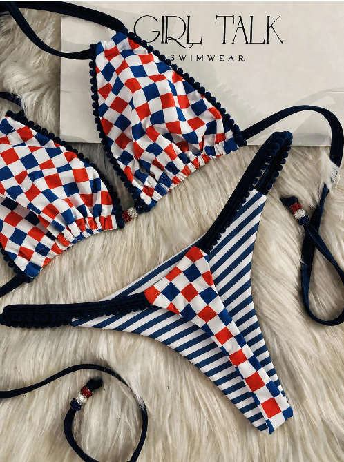 Handmade USA Checkered Bikini Bottom | Red White & Blue Bikini | Patriotic Swimwear | Thong Bikini