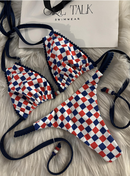 Handmade USA Checkered Bikini Bottom | Red White & Blue Bikini | Patriotic Swimwear | Thong Bikini