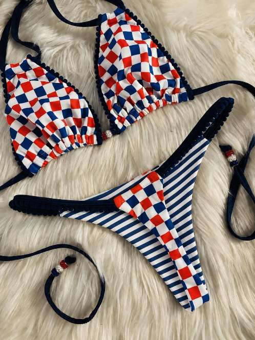 Handmade USA Checkered Bikini Bottom | Red White & Blue Bikini | Patriotic Swimwear | Thong Bikini
