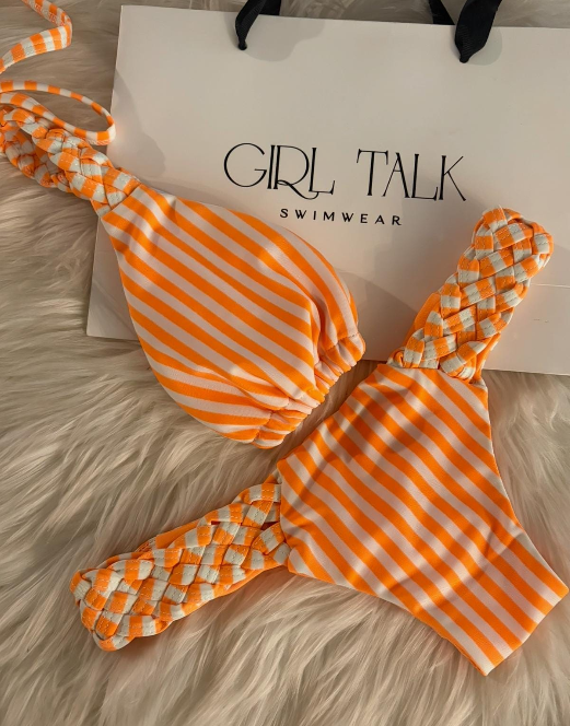 Handmade Orange Striped Bikini Bottom | Braided Bikini | Cheeky Scrunch Bottom | Striped Swimwear