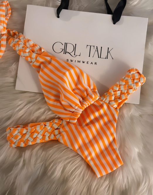 Handmade Orange Striped Bikini Top | Braided Bikini | Cheeky Scrunch Bottom | Striped Swimwear