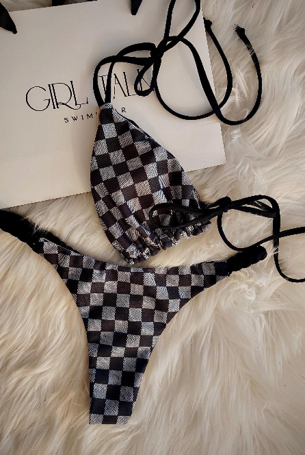 Handmade Gray Checkered Bikini Bottom | Gray Checkerboard Bikini | Racing Flag Swimsuit | Women’s Bikini | Handmade Swimwear