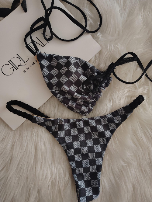Handmade Gray Checkered Bikini Top | Gray Checkerboard Bikini | Racing Flag Swimsuit | Women’s Bikini | Handmade Swimwear