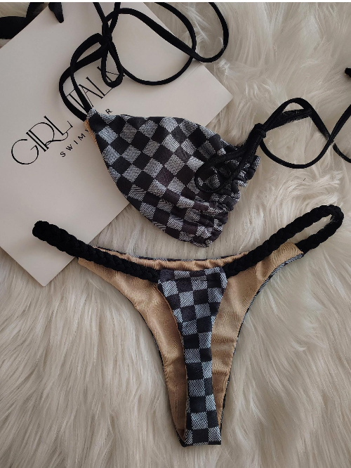 Handmade Gray Checkered Bikini Bottom | Gray Checkerboard Bikini | Racing Flag Swimsuit | Women’s Bikini | Handmade Swimwear