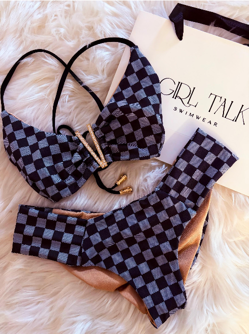 Handmade Gray & Black Checkered Bikini Top | Checkerboard Bikini | Women’s Bikini | Luxury Swimwear | Handmade Swimsuit