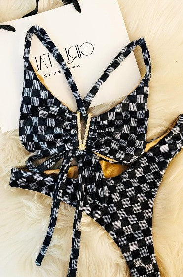 Handmade Gray & Black Checkered Bikini Top | Checkerboard Bikini | Women’s Bikini | Adjustable Swimsuit | Handmade Swimwear