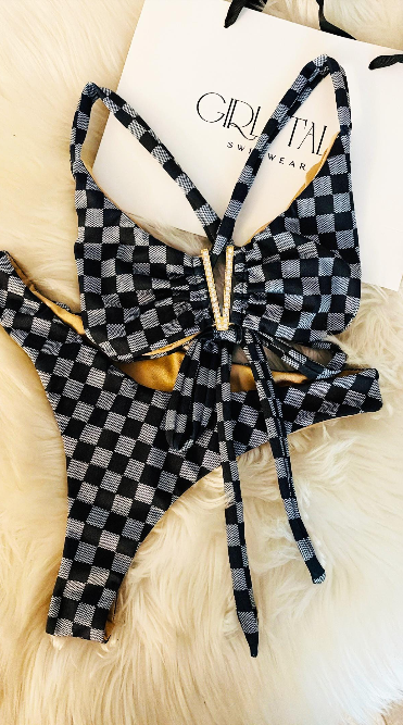 Handmade Gray & Black Checkered Bikini Top | Checkerboard Bikini | Women’s Bikini | Adjustable Swimsuit | Handmade Swimwear