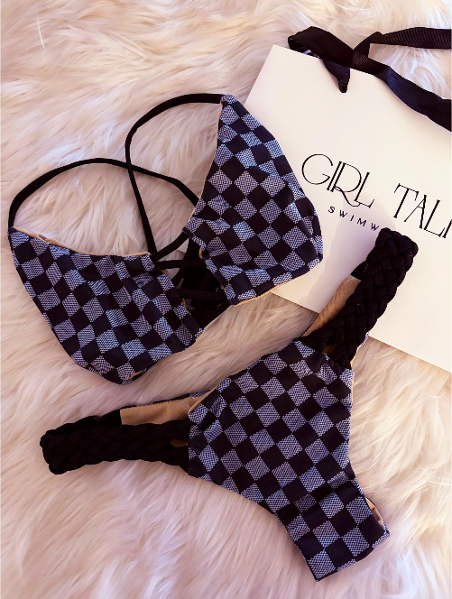 Handmade Gray & Black Checkered Bikini Top | Checkerboard Bikini | Women’s Bikini | Lace-Up Bikini | Luxury Swimwear