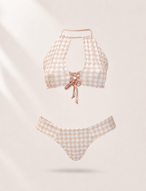 Handmade Beige Gingham Bikini Top | Rustic Garden Bikini | Lace-Up Bikini | Cheeky Scrunch Bikini | Cottagecore Women’s Swimwear