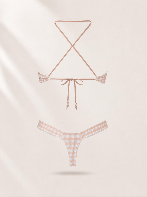 Handmade Beige Gingham Bikini Bottom | Rustic Garden Bikini | Lace-Up Bikini | Cheeky Scrunch Bikini | Cottagecore Women’s Swimwear