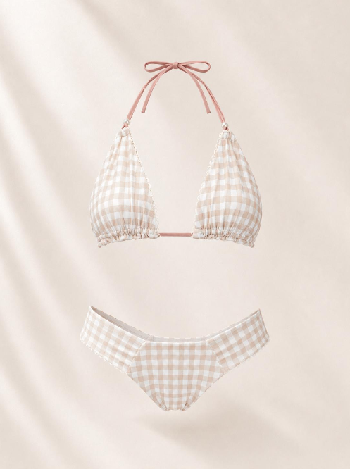 Handmade Beige Gingham Bikini Top | Rustic Garden Bikini | Lace-Up Bikini | Cheeky Scrunch Bikini | Cottagecore Women’s Swimwear