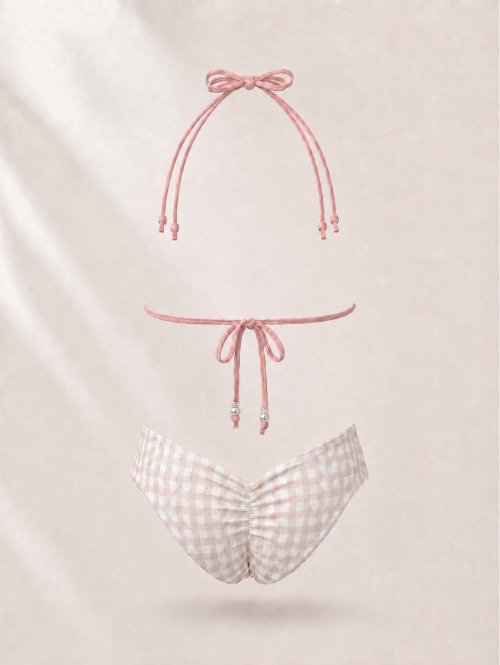 Handmade Beige Gingham Bikini Bottom | Rustic Garden Bikini | Lace-Up Bikini | Cheeky Scrunch Bikini | Cottagecore Women’s Swimwear