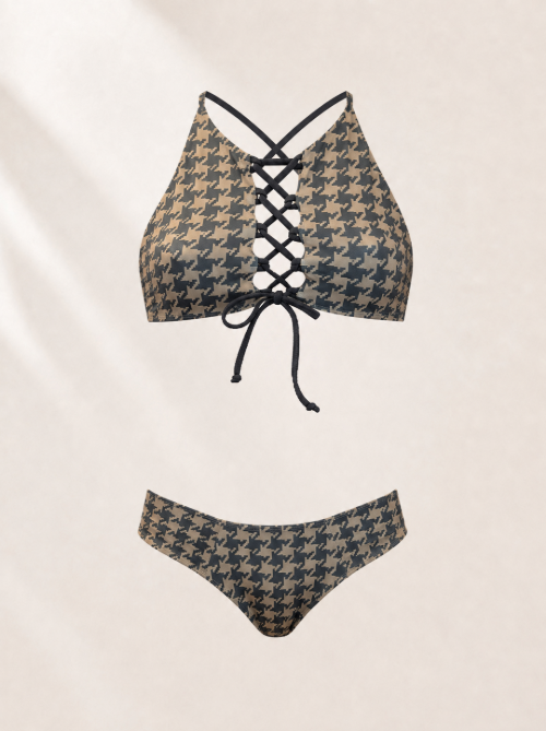 Handmade Houndstooth Lace Up Bikini Top | Criss Cross Top | Scrunch Bottom | Cheeky Swimwear