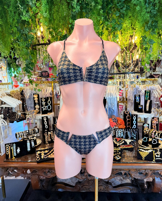 Handmade Houndstooth Bikini Bottom | V Cut Bikini Top | Gold Hardware Thong | Criss Cross Bikini