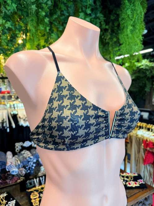 Handmade Houndstooth Bikini Bottom | V Cut Bikini Top | Gold Hardware Thong | Criss Cross Bikini