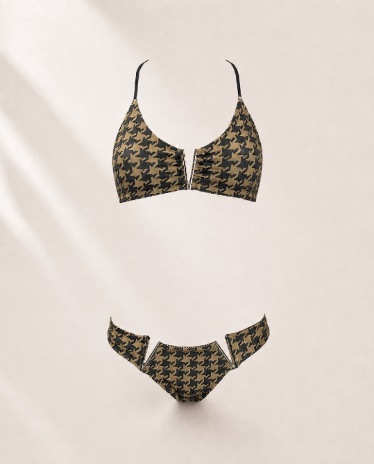 Handmade Houndstooth Bikini Bottom | V Cut Bikini Top | Gold Hardware Thong | Criss Cross Bikini