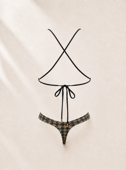 Handmade Houndstooth Bikini Bottom | V Cut Bikini Top | Gold Hardware Thong | Criss Cross Bikini