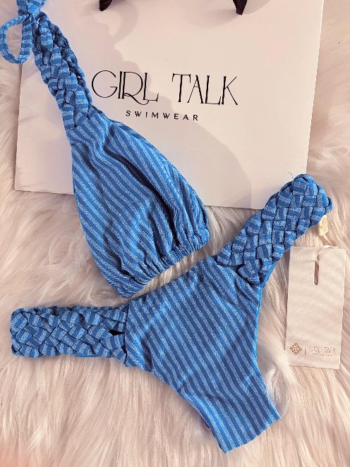 Handmade Blue Striped Bikini Top | Braided Triangle Top | Scrunch Bottom | Cheeky Swimwear