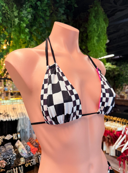 Handmade Finish Line Bikini Bottom | Black & White Racing Bikini | Handmade Cheeky Swimsuit | Tie Neck Bikini