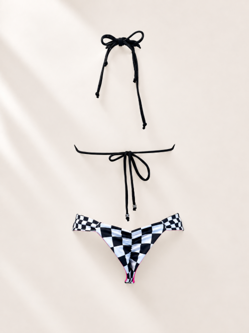 Handmade Finish Line Bikini Bottom | Black & White Racing Bikini | Handmade Cheeky Swimsuit | Tie Neck Bikini