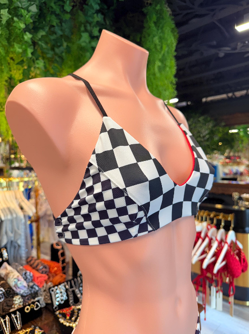 Handmade Stop-Light Bikini Top | Black & White Checkered Bikini | Criss Cross Top | Cheeky Scrunch Swimsuit