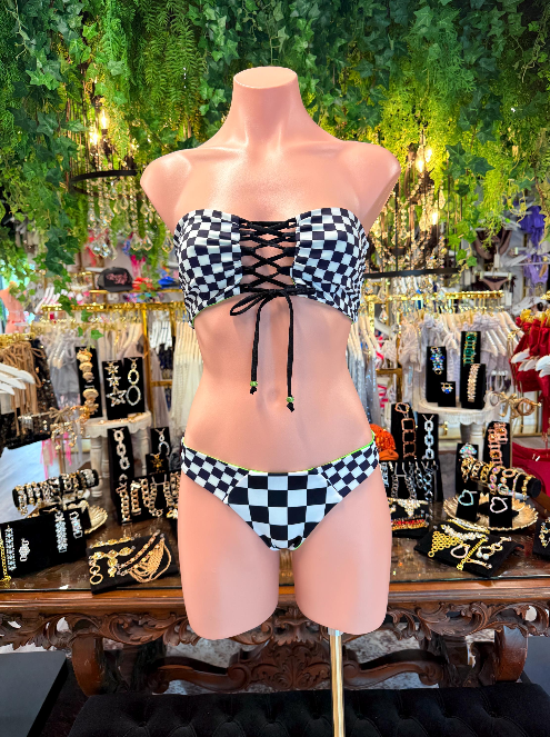 Handmade Race Me To Green Bikini Bottom | Black White Checkered Bikini | Lace Up Top | Cheeky Scrunch Swimsuit